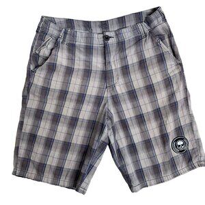NSS 11in High Rise Skater Shorts 34 Grey Plaid Button Zip Pockets Belt Loops
